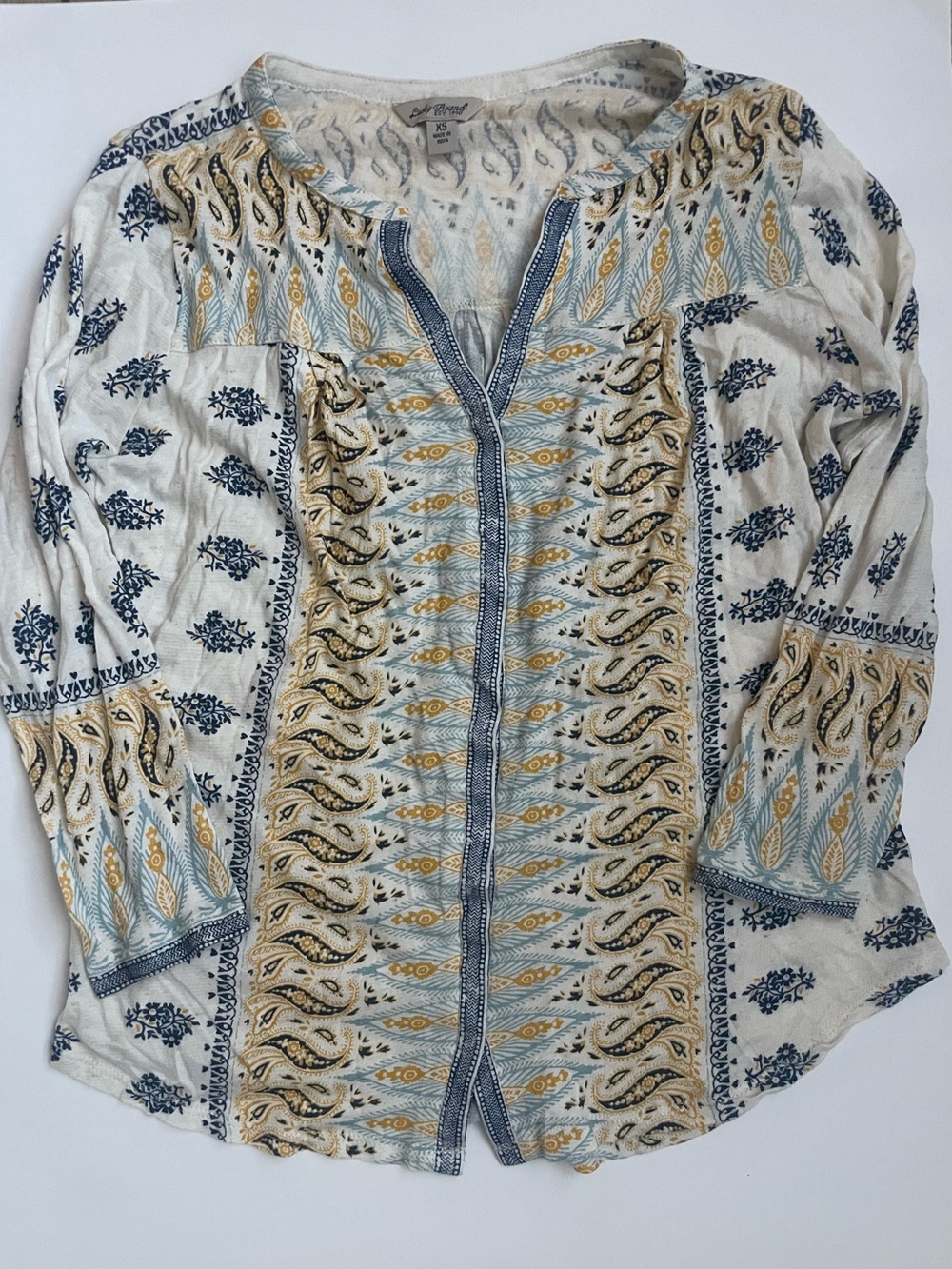 Lucky Brand XS Paisley Boho Mixed Print Cotton Linen Blouse Tunic